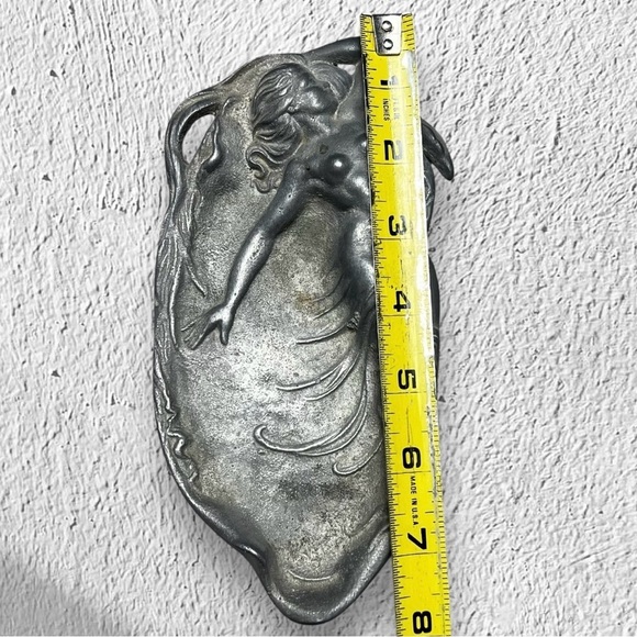 Antique Art Nouveau Lady Maiden Mermaid Pewter Tray Metal Ornate - Picture 4 of 4